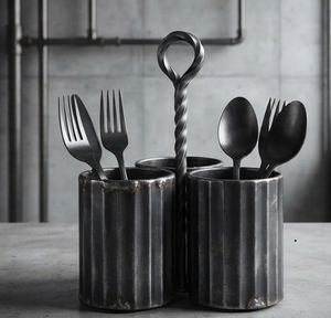 Porte-couverts industriel en métal noir à 3 compartiments, organisateur d'ustensiles avec poignée, pour table de cuisine - Product Image 1
