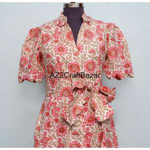 Robe midi florale en coton 100% écologique pour femmes Kangura, col en V, manches courtes, décoration boutonnée, robe de bureau pour femmes, été - Product Image 4