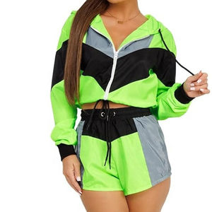 Ensemble short et veste coupe-vent pour femme, léger, en polyester, color block, sweat à capuche zippé, tenue de sport deux pièces, tendance été - Product Image 5