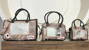 Nouvel ensemble de sacs Speedy en cuir repoussé à la main style western, en cuir de vachette à poils, sac à main tendance pour femme, sac bandoulière, sac de voyage personnalisé - Product Image 4