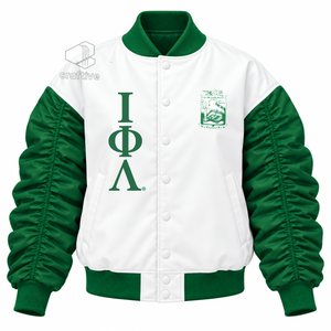 เสื้อแจ็คเก็ตวาร์ซิตี้ผ้าซาตินสีเขียวขาวสำหรับผู้หญิง ยี่ห้อ Iota Phi Lambda  ติดกระดุมแบบ Snap  แขนพองจับจีบ  ทรงบอมเบอร์สไตล์วิทยาลัย - Product Image 1