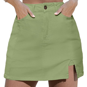 Women's Mid Waist Mini Denim Skirts Wholesale Cotton Pleated Double Belted Breathable Skirts - Product Image 3