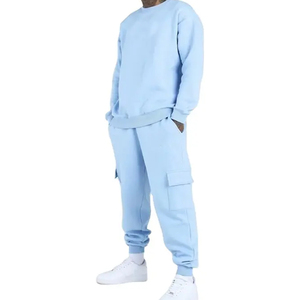 Men's Light Blue Tracksuit Set Crew Neck <b>Sweatshirt</b> With Side Pockets Regular Fit Full Length Cotton Autumn Casual Wear - Product Image 1