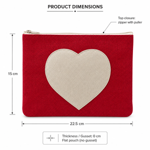 Pochette de maquillage en jute laminée rouge avec logo personnalisé, 22,5x15 cm, patch cœur, fermeture éclair, trousse de toilette de voyage, vente en gros, OEM, ODM, usine - Product Image 2