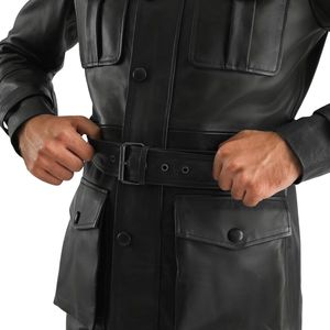 <b>Men's</b> Black Leather Jacket Stand Collar Button Front 4 Pockets <b>Belt</b> Moto Biker Windproof Coat Autumn - Product Image 6