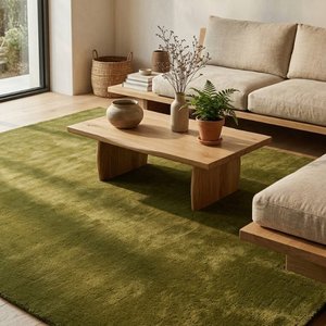 Tapis d'intérieur moderne géométrique minimaliste en laine tuftée à la main vert olive sauge, moelleux et dense, pour la décoration du salon - Product Image 6