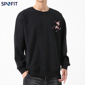 Men's Black Crew Neck Pullover Sweatshirt with <b>Cherry</b> Blossom Embroidery Regular Fit Casual Autumn Wear 100% Cotton Fleece - Product Image 1