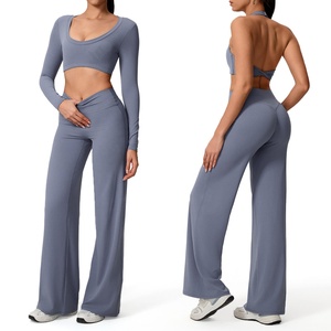 Ensemble de yoga sans couture 2 pièces bordeaux pour femme : haut court à manches longues et pantalon taille haute à jambes larges, extensible, tenue de sport - Product Image 4