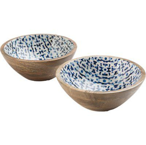Ensemble de saladiers en bois de manguier avec intérieur décoratif imprimé en émail bleu, bols de service ronds en bois pour la maison et la restauration - Product Image 1