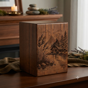 Urna de Madera Conmemorativa, Caja para Guardar Cenizas, Diseño de Bosque de Pinos y Lago, para Recuerdo - Product Image 3