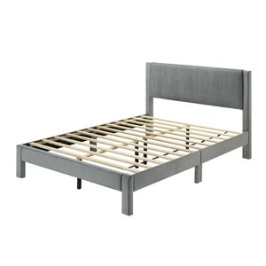 1pc Contemporary Light Gray <b>Bed</b> Queen <b>Platform</b> Plush Upholstered Headboard Low Profile <b>Frame</b> Ribbed Texture Unobtrusive Legs - Product Image 3