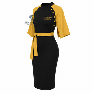 Robe midi moulante noire et or contrastée pour femme NCBW, avec manches cape, détails boutonnés et ceinture ajustée, style décontracté - Product Image 4
