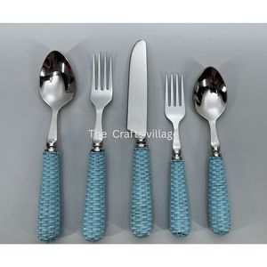 Juego de Cubiertos Modernos de Acero Inoxidable con Mango Azul Tejido, Juego de Cuchara, Tenedor y Cuchillo, Cubertería Premium, Utensilios de Cocina, Vajilla - Product Image 5
