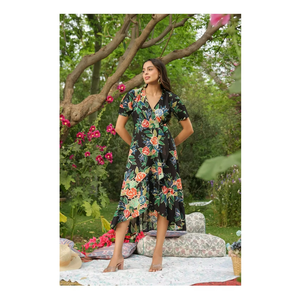 Robe élégante en coton tissé écologique avec imprimé floral, options sans manches ou à manches courtes pour femmes, mode estivale - Product Image 5