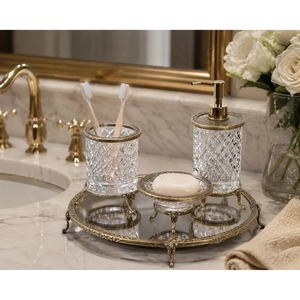 Luxury Crystal <b>Bathroom</b> Set Three-Piece Round Soap Dish Toothbrush Holder Soap Dispenser Gold Trim Easy To Clean - Product Image 1