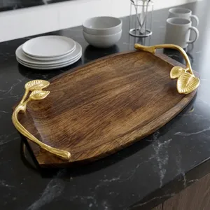 Wooden Storage Tray with Golden Leaf Handles | Decorative Serving Tray for Home Kitchen <b>Dining</b> <b>Table</b> & Living Room - Product Image 5