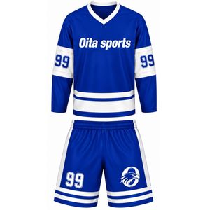 ชุดฮอกกี้น้ำแข็งสีน้ำเงินรอยัลสำหรับผู้ชาย เสื้อเจอร์ซีย์ กางเกงขาสั้น โพลีเอสเตอร์ ลายทาง น้ำหนักเบา ชุดกีฬา ชุดทีม ชุดแข่งขัน - Product Image 1
