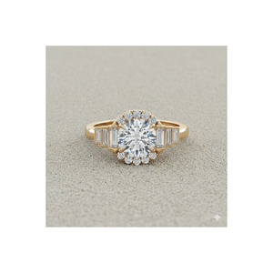 Anillo de compromiso Stonewels con halo de diamantes baguette escalonados, engaste de oro con certificación - Product Image 1