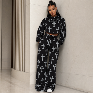 Ensemble de survêtement unisexe noir à imprimé animal, anti-boulochage, avec sweat à capuche court et pantalon de jogging, manches longues, coupe ajustée, style streetwear, hiver - Product Image 6