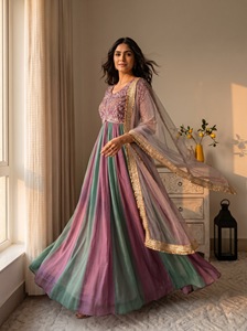 Pure Moss Silk Beads Work Anarkali Gown Suit With Stitched Micro Cotton Bottom And <b>Butterfly</b> Net Lace Dupatta For Women ZW 247 - Product Image 2