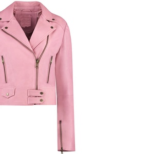Blouson de motard en cuir véritable personnalisé pour femme, rose pâle, coupe courte, style motard unisexe, couleur unie, pour l'automne - Product Image 3