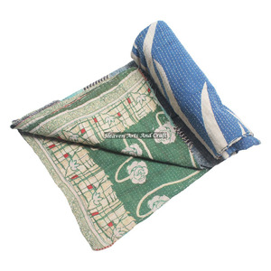 Auténtica Colcha Kantha India Vintage, Reversible, 100% Algodón, Lavable, para Uso en el Hogar y Hoteles, Manta Hecha a Mano para Todas las Estaciones, Rajasthan - Product Image 1