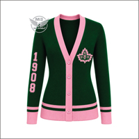 Cardigan en cachemire vert et rose pour femme, style preppy, avec lettre brodée, manches longues, col en V, tricot plat, boutonné, pour l'hiver