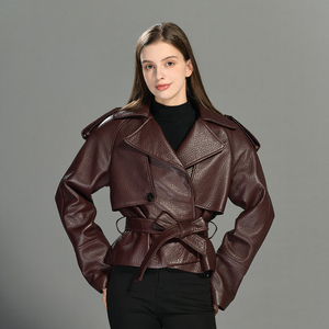 Women's <b>Burgundy</b> Genuine <b>Leather</b> Blazer Full Sleeve Turn-down Collar Belt Closure Autumn Style Puff Sleeve Design - Product Image 4