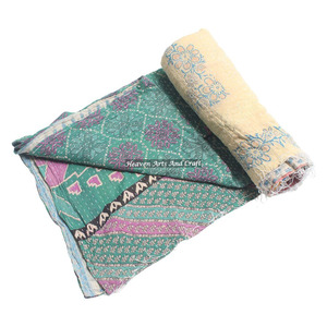 Colcha Kantha Vintage Lavable, Gudari Hecha a Mano, de Algodón Estampado, India, para Todas las Estaciones GD2187 - Product Image 1