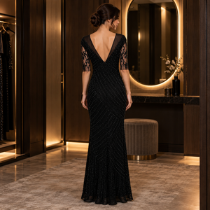 Vestido de noche negro con cuentas |   Vestido de Fiesta con Cuello en V, Manga 3/4, Adorno Diagonal y Espalda en V Profunda para Eventos Formales - Product Image 3
