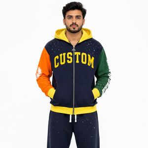 Sudadera con capucha y cremallera de color personalizado, forro polar color carbón, estampado de letras con efecto salpicado de pintura, mangas con gráfico en contraste, sudaderas streetwear para hombre, OEM - Product Image 3