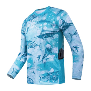 Camisa de Pesca de Manga Larga para Hombre, Sublimada con Estampado de Marlin, Protección Solar UPF, Tipo Pullover - Product Image 1