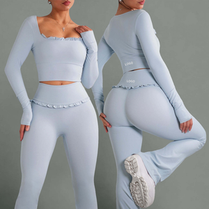 Women's Pink 2 Piece Yoga <b>Set</b> <b>Square</b> Neck Long Sleeve Crop Top High Waist Leggings Ruffles Seamless Activewear - Product Image 4