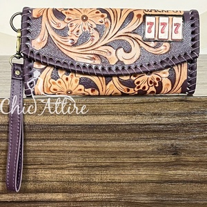 2026 New Hot Selling Floral Hand Tooled Leather Clutch for Women's Cowhide Fur Leather Card Holder Luxury <b>Wristlet</b> Wallet Purses - Product Image 1
