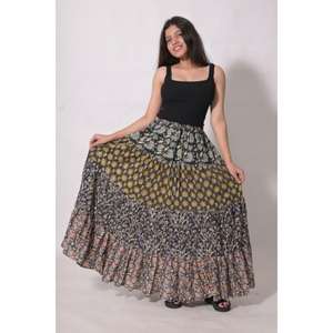 กระโปรงแม็กซี่ผ้าฝ้ายโบฮีเมียนลายปะติดปะต่อ กระโปรงยาวลายบล็อกพิมพ์ งานแฮนด์เมดสำหรับงานเทศกาลอินเดียสำหรับผู้หญิง - Product Image 5