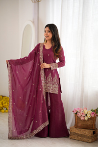 Conjunto de Kurti con bordado Zari de seda crujiente y pantalón acampanado con dupatta de encaje elegante para mujer PY 316 - Product Image 3