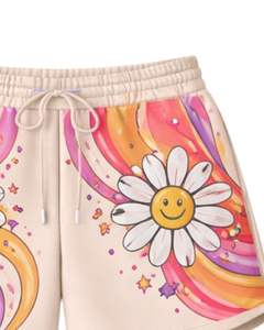 Conjunto de Sudadera Corta y Pantalones Cortos Multicolor para Mujer, Estampado Gráfico de Margaritas Sonrientes, Atuendo Casual de Dos Piezas, Algodón y Felpa, Fabricante Mayorista - Product Image 6