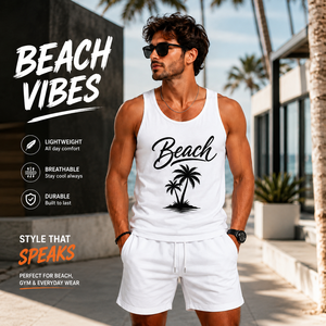 Débardeur blanc pour homme Cosh International, imprimé palmiers, en coton, décontracté, col rond, respirant, logo sur le devant - Product Image 4