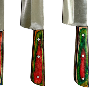 Tres Cuchillos de Cocina de Acero Inoxidable con Mangos de Madera Rojos y Verdes, Hojas Plateadas para Carnicería, Preparación de Carne y Alimentos - Product Image 4