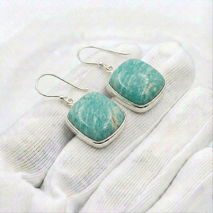 Pendientes colgantes cuadrados de amazonita con engaste de bisel, hechos a mano con plata de ley 925 maciza, estilo bohemio, para mujer. - Product Image 3