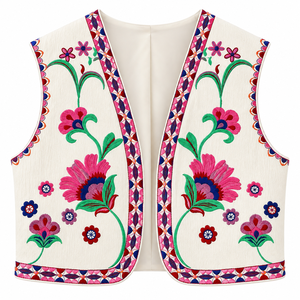 Chaleco de Algodón Bordado de Terciopelo Color Marfil, Chaleco sin Mangas para Mujer, Chaqueta Boho con Estampado Floral Suzani para Festivales - Product Image 4