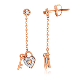 Women's Yellow Gold Plated 14K Heart & Key Chain Lab Grown <b>Diamond</b> Long <b>Dangle</b> <b>Earrings</b>-Trendy Anniversary Gift - Product Image 3