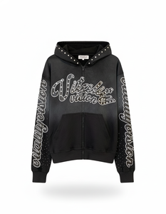 Sudadera con capucha de algodón grueso personalizada, estilo oversize, con estampado de moda, logotipo de lujo con pedrería, lavada, para hombre, en varios colores. - Product Image 6