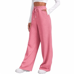 Pantalon large taille haute rouge tissé délavé avec cordon de serrage, taille élastique, longueur intégrale, couleur unie, décontracté, respirant, coupe ample pour femme - Product Image 6