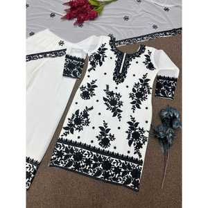 ATRACTIVE GEORGETTE BORDADO PIEDRA TRABAJO A MANO TOP PALAZZO CON DUPATTA BLANCO - Product Image 1