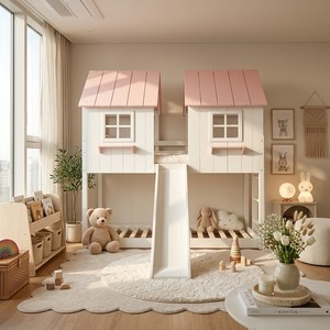 Scandinavian Convertible Wooden <b>Bunk</b> <b>Bed</b> <b>with</b> <b>Slide</b> Eco-friendly Linen Upholstery Twin Size for Kids Bedroom Furniture - Product Image 1