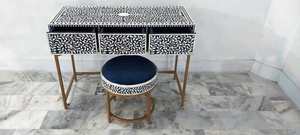 Decorative Accent Furniture Hollywood Glam <b>Vanity</b> Table With Black White Pattern Brass Frame And Matching <b>Stool</b> For Bedroom - Product Image 3