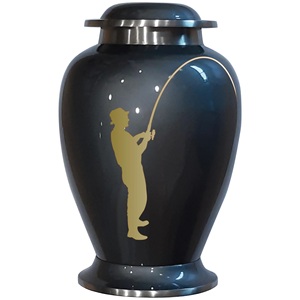 Urne funéraire raffinée avec motif pêcheur, finition noire brillante, détails argentés, récipient commémoratif pour cendres - Product Image 2