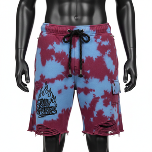 Pantalones Cortos de Algodón de Alta Calidad para Hombre, Lavado Ácido, Tacto Suave, Azul Granate, Dobladillo Desgastado, Logotipo Bordado - Product Image 6