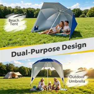 Ombrellone da Spiaggia Portatile 2-in-1 in Tessuto Oxford con Rivestimento Argento UPF 50+, Tettoia Ventilata Antivento e Pannelli Laterali con Ancoraggio per Sabbia - Product Image 2
